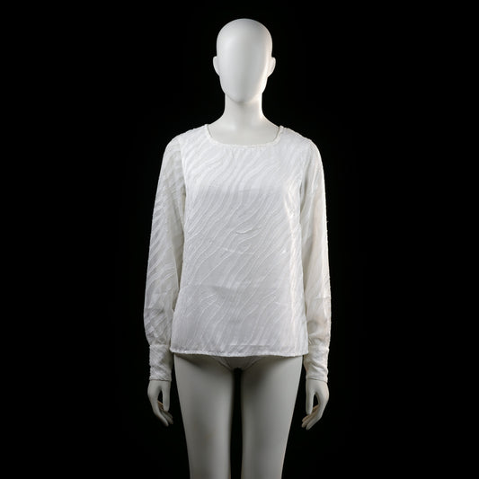 .Object - Blouse - White - Size 38 - (NEW) - Long-sleeved white blouse with a subtle wavy textured pattern and a round neckline. Features cuffed sleeves with buttons and a small slit opening at the upper back.
