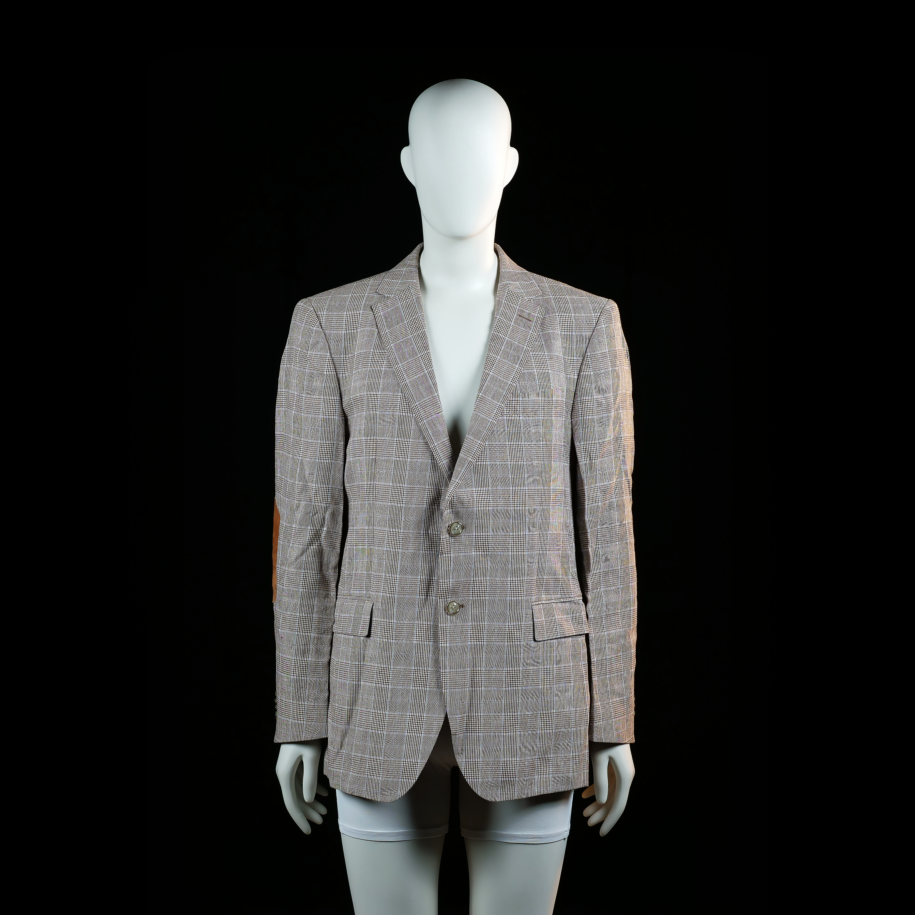 Tommy Hilfiger - Blazer - Gray & Brown - Size 50 - Single-breasted check blazer with two front buttons and flap pockets. Features oval brown elbow patches on both sleeves.