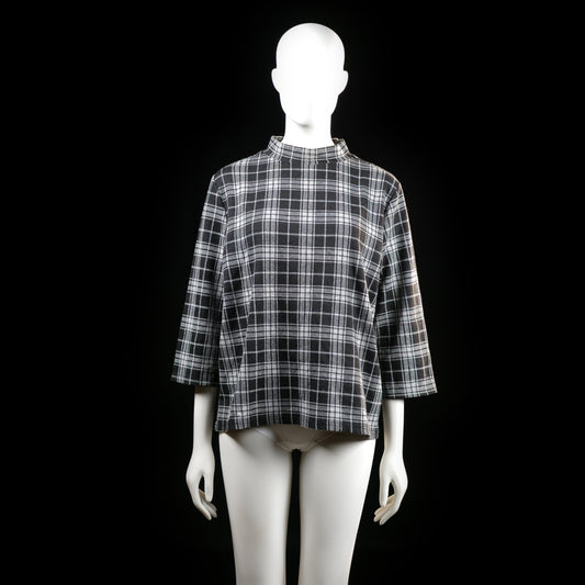 Jean Pascale - Blouse - Black & White - Size L - Plaid patterned top with a boxy fit, 3/4-length sleeves, and a mock neck. No visible closures or embellishments.