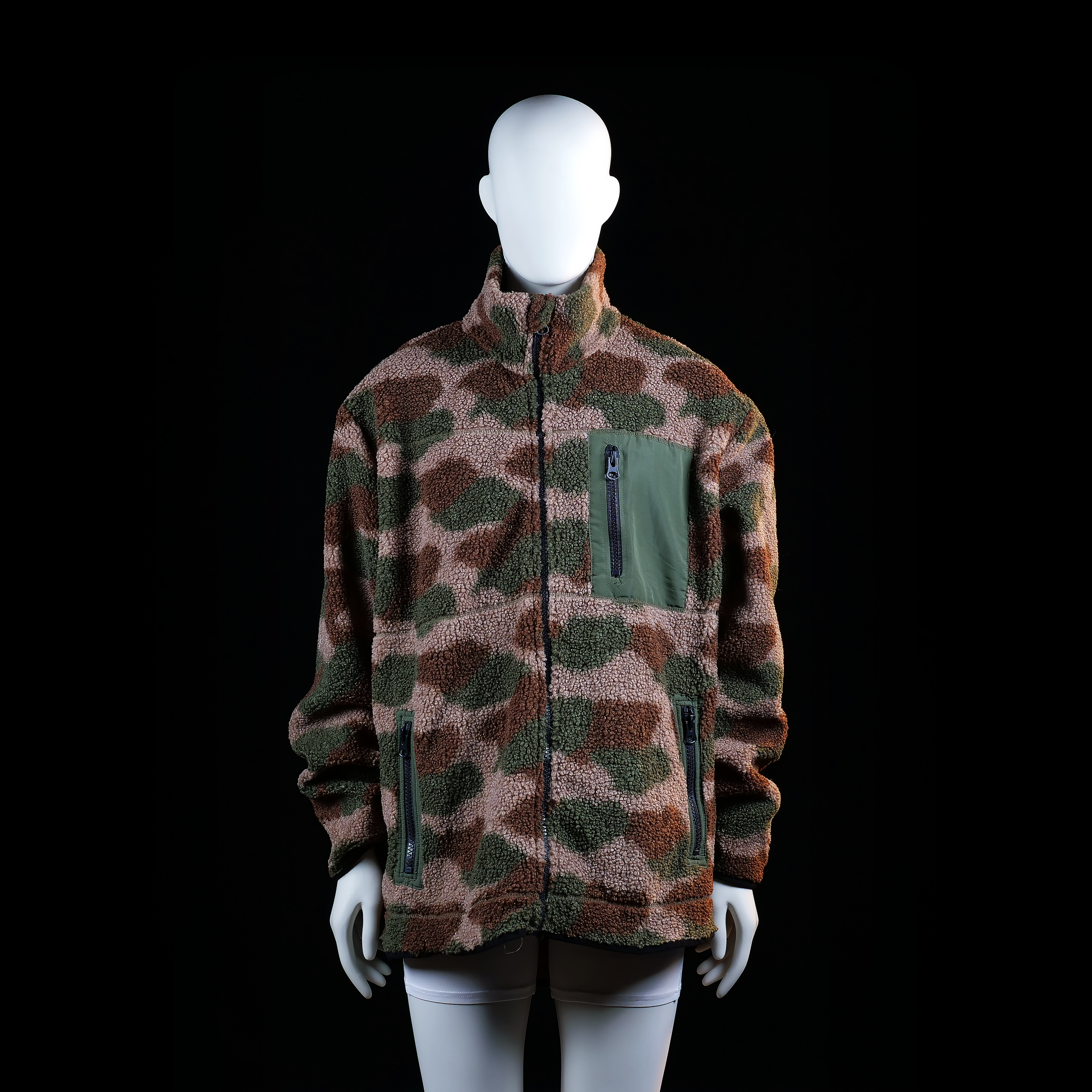 Lager 157 - Fleece jacket - Brown & Olive - Size XL - High-pile fleece jacket with an all-over camouflage pattern in green and brown tones. Features a zip front closure, high collar, green nylon chest zip pocket, and two zippered hand pockets.