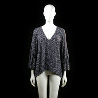 H&M - Blouse - Black & Pink - Size L - Dark floral print blouse with a V-neckline and flared three-quarter sleeves. Hem is slightly curved and asymmetrical.