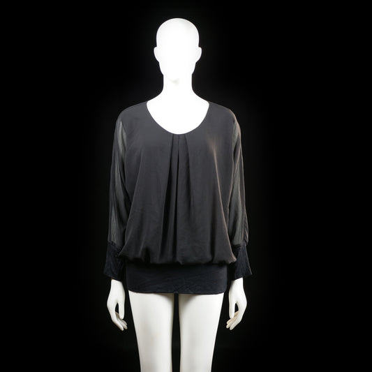 2-biz - Blouse - Black - Size XL - Loose-fitting blouse with a deep pleated front and sheer long sleeves. The wide hem band creates a blouson silhouette.