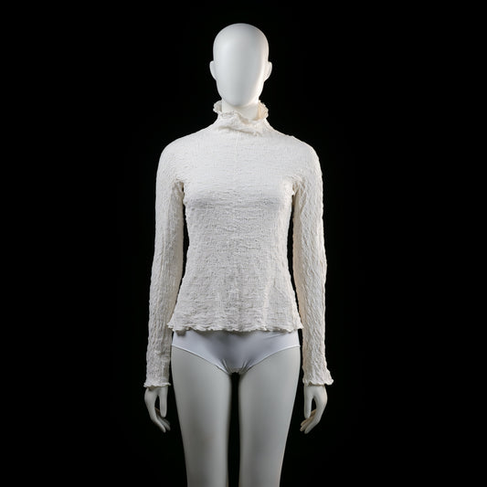 Wera - Blouse - Ivory - Size XS - Long sleeve top with a crinkled texture, high ruffled neckline, and slight ruffle edging at the cuffs and hem.