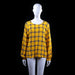 Cubus - Blouse - Mustard & Navy - Size 44 - Loose-fitting long sleeve top with a plaid pattern, featuring gathered elastic cuffs and a keyhole button closure at the back. The hem is slightly curved and relaxed.