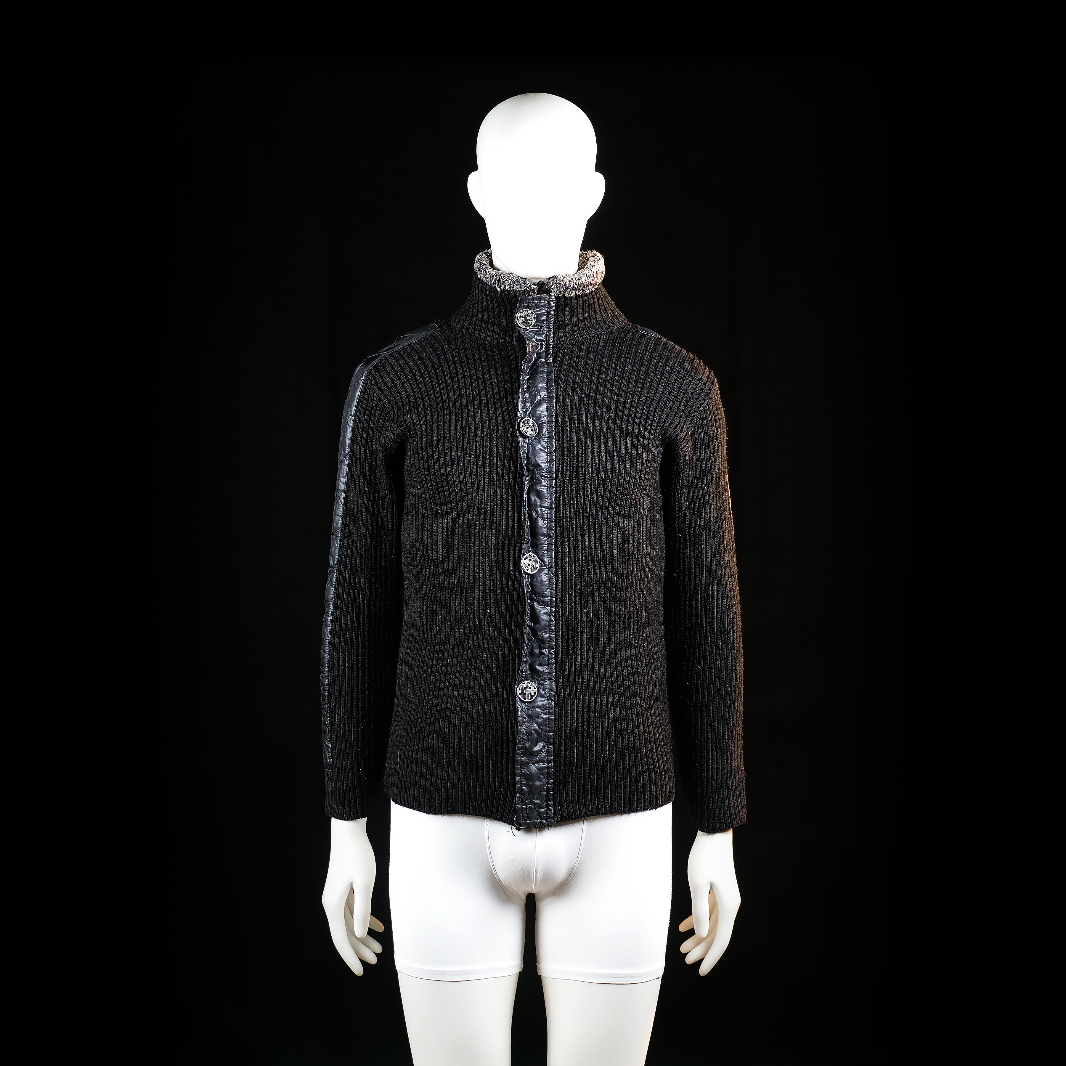Forvet - Jacket_other - Black & Gray - Size XL - Ribbed knit jacket with quilted leather-like trim running along the button placket and outer sleeves. Features a high collar with gray textured detailing and decorative metal buttons.