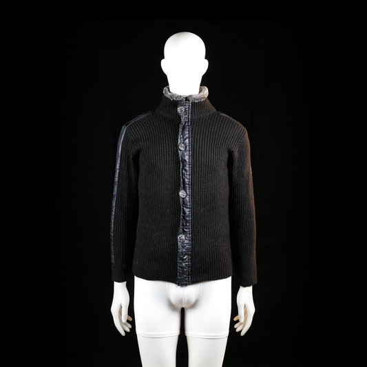 Forvet - Jacket_other - Black & Gray - Size XL - Ribbed knit jacket with quilted leather-like trim running along the button placket and outer sleeves. Features a high collar with gray textured detailing and decorative metal buttons.