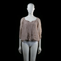 Made In Italy - Blouse - Taupe - Size S - Loose-fitting top with a gathered scoop neckline and 3/4 length sleeves. Features a crinkled texture throughout and a slight high-low hem.