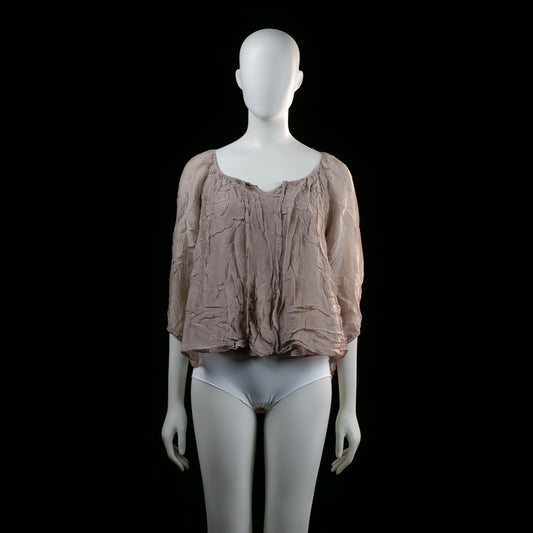 Made In Italy - Blouse - Taupe - Size S - Loose-fitting top with a gathered scoop neckline and 3/4 length sleeves. Features a crinkled texture throughout and a slight high-low hem.