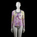 Carla Du Nord - Blouse - Multicolored - Size M - Long-sleeve top with a multicolored abstract swirl and floral pattern in purple, yellow, and green. Features a distinctive black and white square neckline with gathered pleats below it.