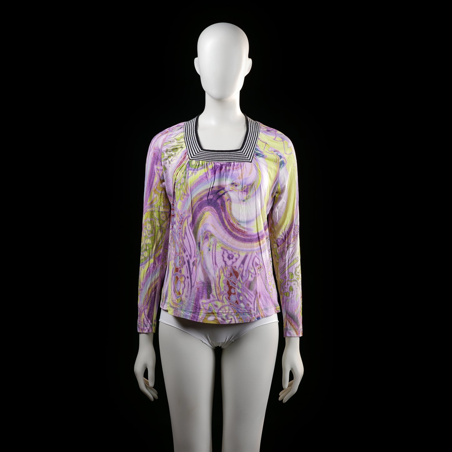 Carla Du Nord - Blouse - Multicolored - Size M - Long-sleeve top with a multicolored abstract swirl and floral pattern in purple, yellow, and green. Features a distinctive black and white square neckline with gathered pleats below it.