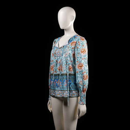 Blouse - Light Blue & Rust - Size S