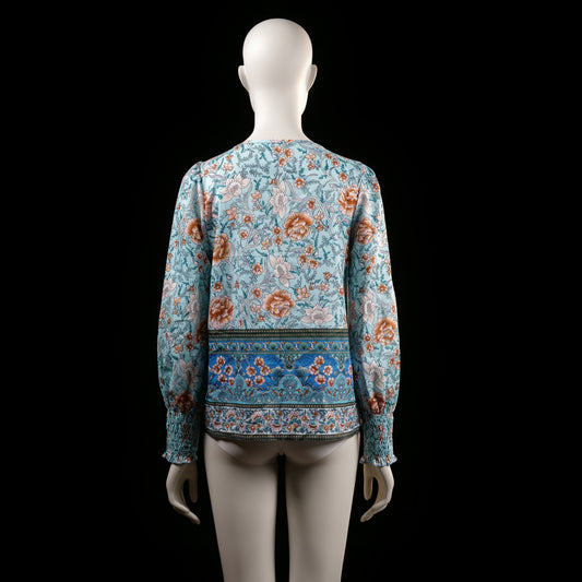 Blouse - Light Blue & Rust - Size S