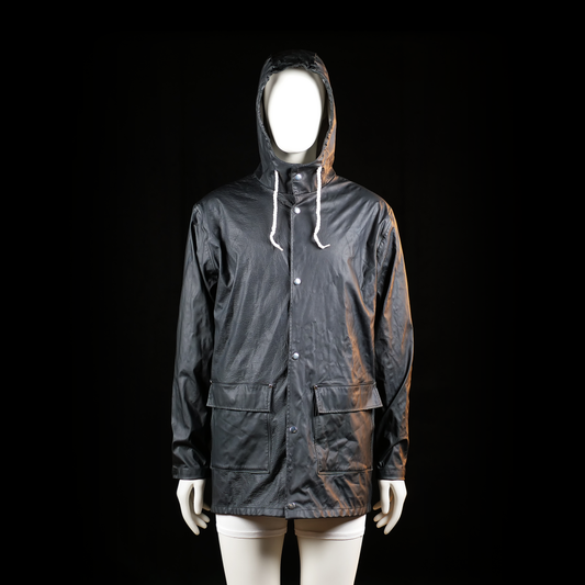 Lager 157 - Rain jacket - Black - Size S, M - Long black hooded jacket with a shiny, water-repellent surface and white drawstrings at the hood. Features front snap-button closure, two large flap pockets, and a reflective strip on the lower back hem.