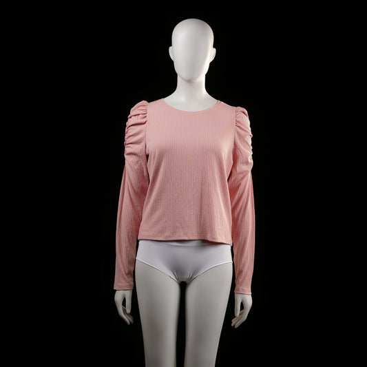 Lindex - Blouse - Pink - Size M - Long-sleeve top with gathered puff detailing along the shoulders and sleeves. Features subtle vertical ribbing and a crew neckline.