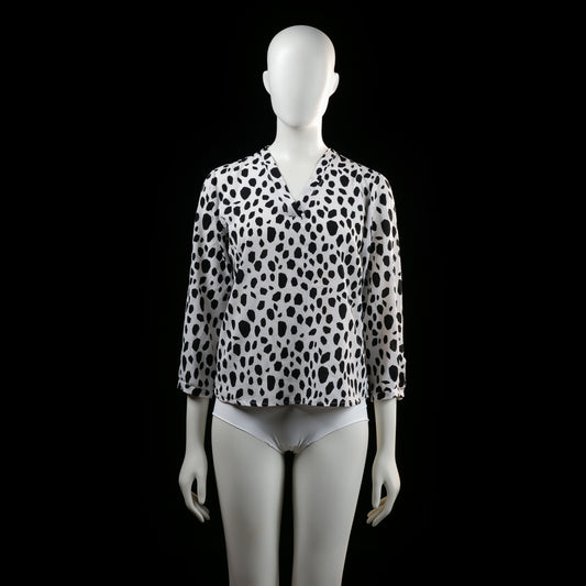 Savinni - Blouse - White & Black - Size S - Long-sleeve blouse with a V-neckline and an all-over irregular black spot print. Features sleeves with button tab detailing near the cuffs.