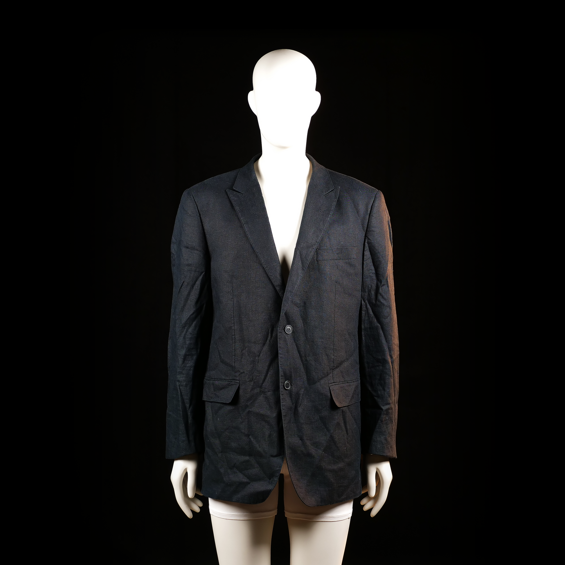 Batistini - Blazer - Navy - Size 54 - Single-breasted blazer with a two-button front closure, notched lapels, and flap pockets. Back and sleeves show moderate wrinkling throughout.