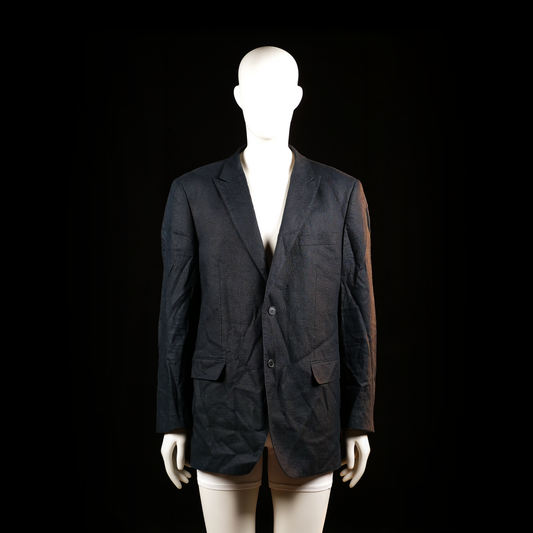Batistini - Blazer - Navy - Size 54 - Single-breasted blazer with a two-button front closure, notched lapels, and flap pockets. Back and sleeves show moderate wrinkling throughout.
