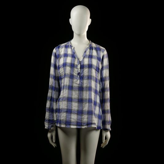 Hema - Blouse - White - Size M - Long-sleeved plaid top with a loose fit, featuring a banded collar and partial button placket. Pattern consists of blue and white large checks.