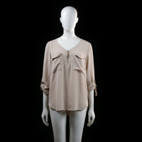 Atmosphere - Blouse - Beige - Size 42 - Long-sleeve blouse with tab roll-up sleeves, chest flap pockets, and a V-neckline featuring a short front zip. Hemline is rounded and slightly longer in the back.