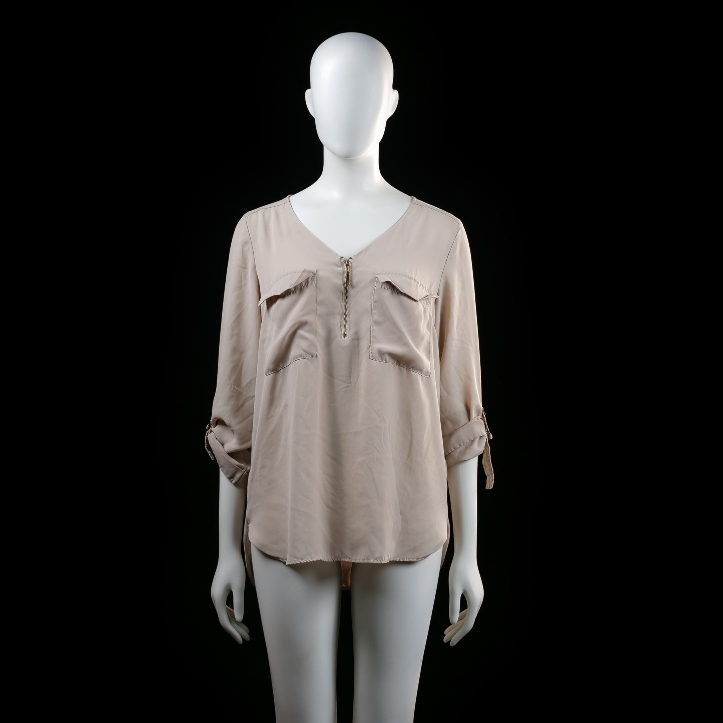 Atmosphere - Blouse - Beige - Size 42 - Long-sleeve blouse with tab roll-up sleeves, chest flap pockets, and a V-neckline featuring a short front zip. Hemline is rounded and slightly longer in the back.