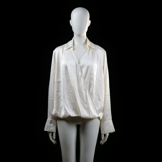 H&M - Bodysuit - Ivory - Size L - Long-sleeve bodysuit featuring a draped wrap-style front, pointed collar, and wide cuffs with buttons. The bottom portion is a fitted brief style, indicating it's a bodysuit rather than a standard blouse.
