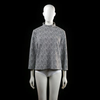 Flash Woman - Blouse - White & Black - Size L - Boxy long-sleeve top with a high mock neck and a black and white woven plaid pattern. Features a back zipper closure and straight hem.