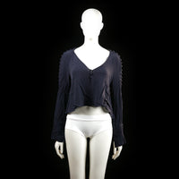 Zara - Blouse - Navy - Size M - Long sleeve blouse with a V-neckline and a front tie detail. Features button-like fabric accents running along the top of both sleeves.