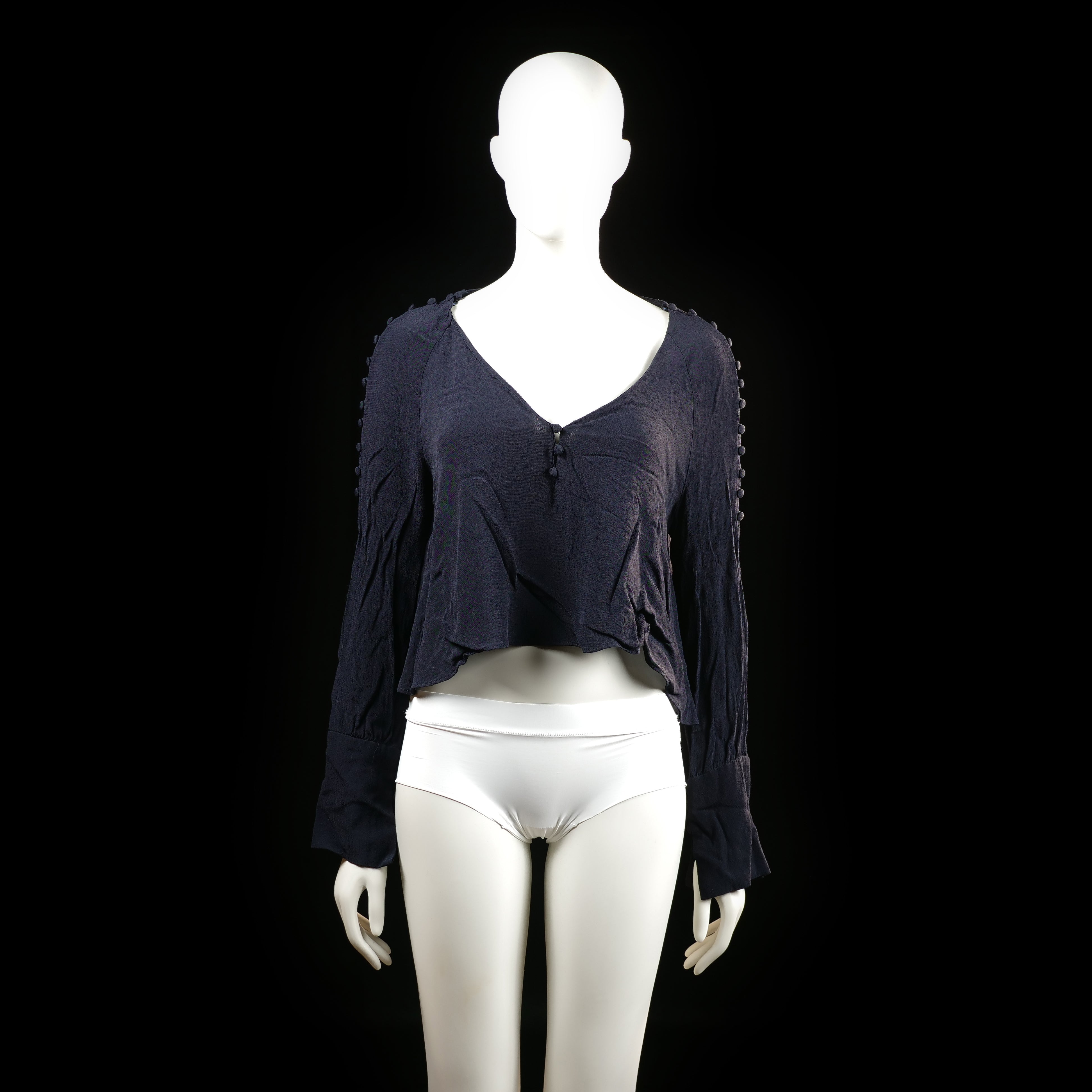 Zara - Blouse - Navy - Size M - Long sleeve blouse with a V-neckline and a front tie detail. Features button-like fabric accents running along the top of both sleeves.