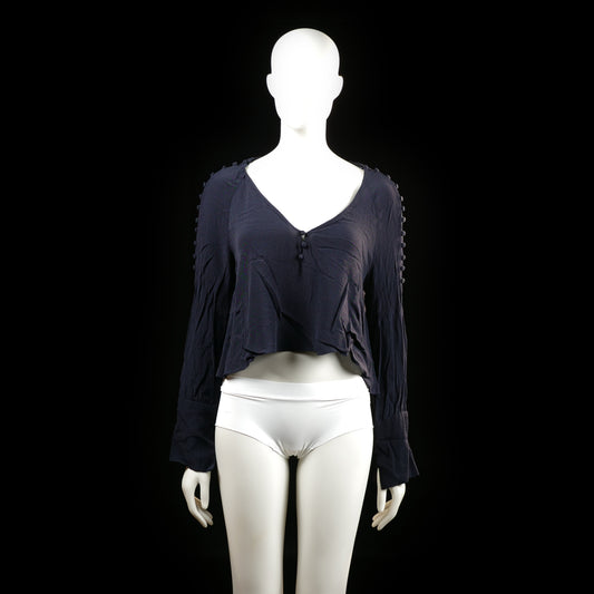 Zara - Blouse - Navy - Size M - Long sleeve blouse with a V-neckline and a front tie detail. Features button-like fabric accents running along the top of both sleeves.