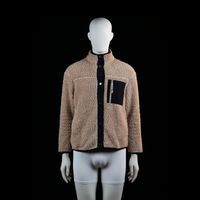 H&M Divided - Fleece jacket - Camel & Black - Size S - Tan high-pile fleece jacket with a stand collar and snap button closure. Features a contrasting black patch chest pocket with a zipper and a black front placket.