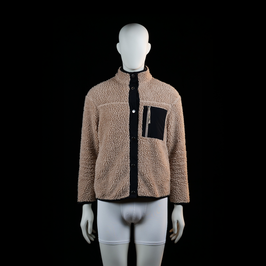 H&M Divided - Fleece jacket - Camel & Black - Size S - Tan high-pile fleece jacket with a stand collar and snap button closure. Features a contrasting black patch chest pocket with a zipper and a black front placket.
