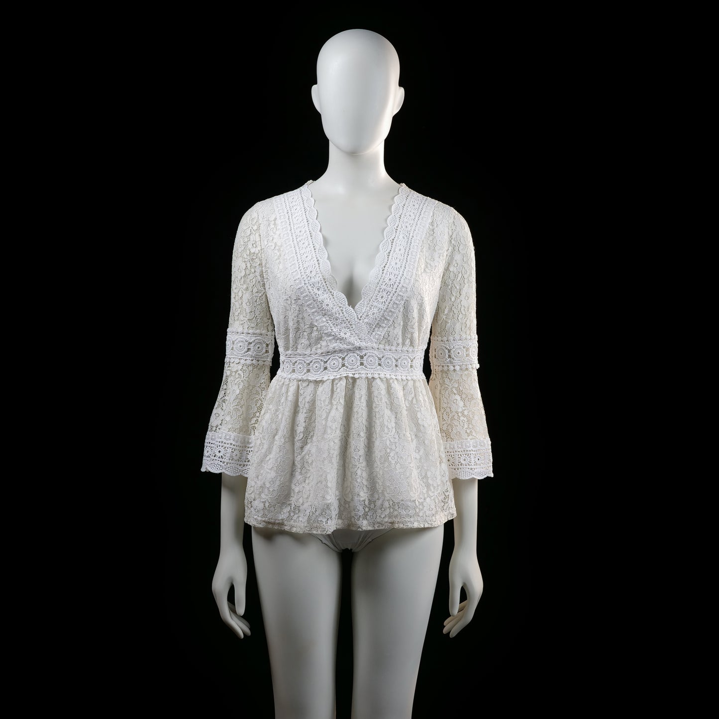 Vintage Dressing - Blouse - Ivory - Size M - Lace blouse with a deep V-neckline, flared 3/4 sleeves, and scalloped hem finishes. Features a fitted waistband with circular lace detailing and a slightly flared bottom.