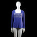 Damella - Blouse - Indigo & White - Size M - Long sleeve top with a wide square neckline and a lace floral panel across the upper chest. The body has a loose fit and a slightly flared hem.
