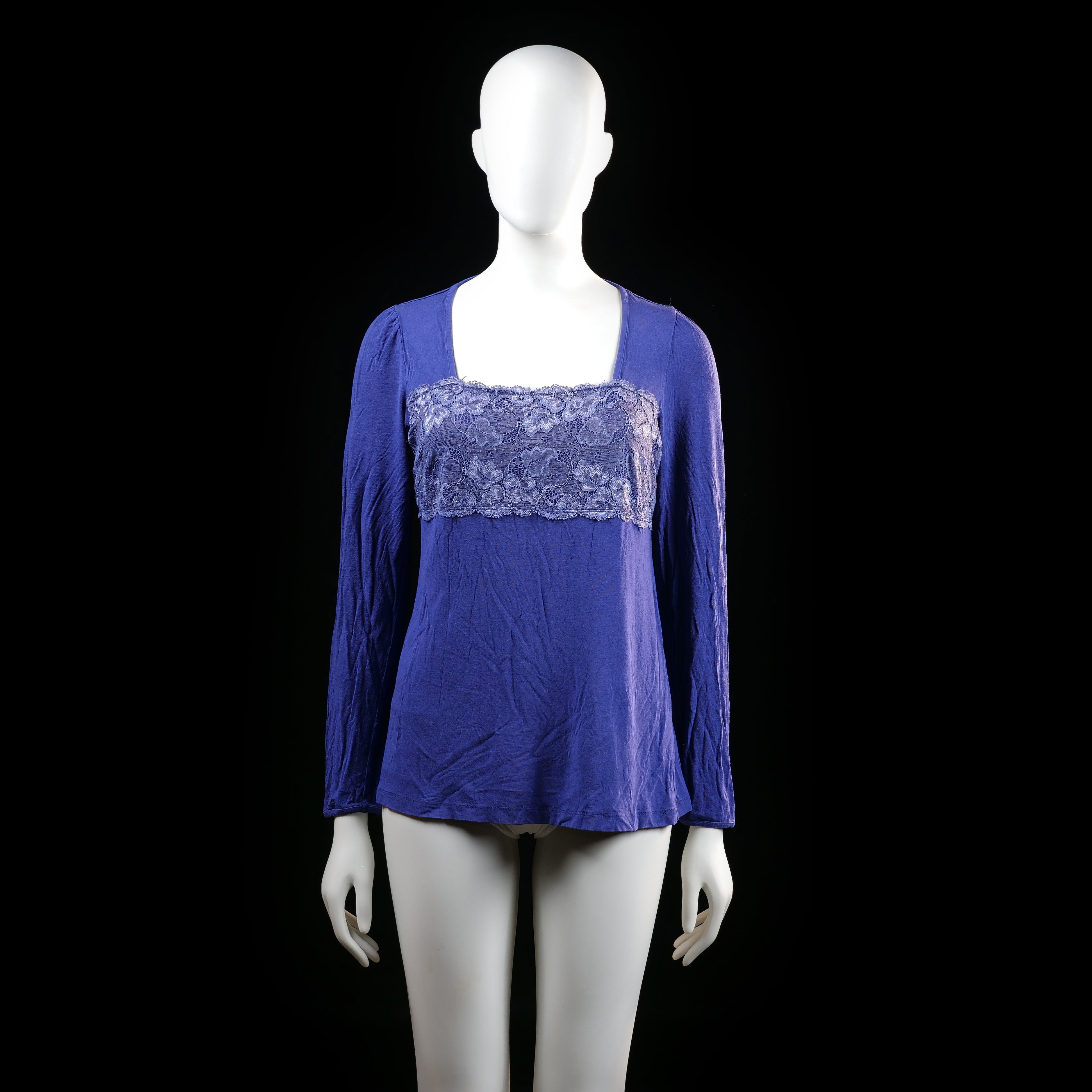 Damella - Blouse - Indigo & White - Size M - Long sleeve top with a wide square neckline and a lace floral panel across the upper chest. The body has a loose fit and a slightly flared hem.