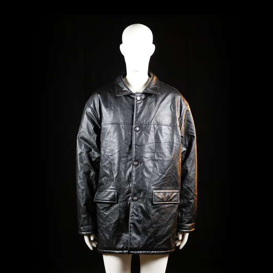 Ac - Leather jacket - Black - Size XXL - Long button-up leather jacket with a straight hem and two large flap pockets at the front. Clean design with visible horizontal stitching at the chest and upper back.
