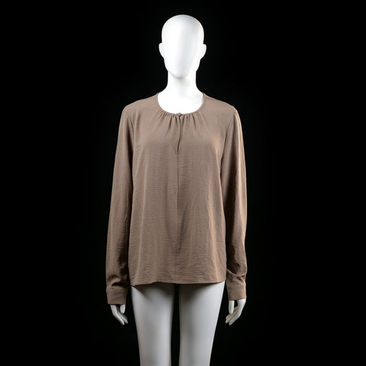 Vero Moda - Blouse - Taupe - Size L - Long-sleeve blouse with a gathered round neckline and a small front slit. Features buttoned cuffs and a relaxed hemline.