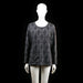 Isolde - Blouse - Gray & Black - Size M - Long-sleeved top with a rounded neckline and a back zipper. Features an all-over ornate black damask pattern on a gray background.