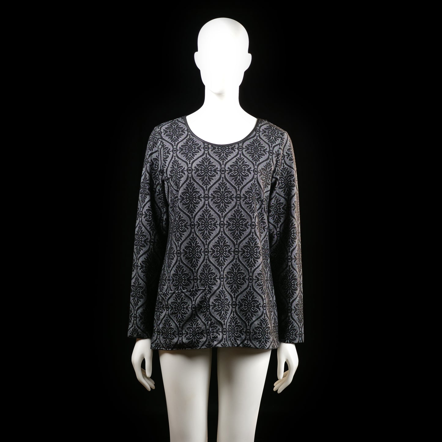 Isolde - Blouse - Gray & Black - Size M - Long-sleeved top with a rounded neckline and a back zipper. Features an all-over ornate black damask pattern on a gray background.