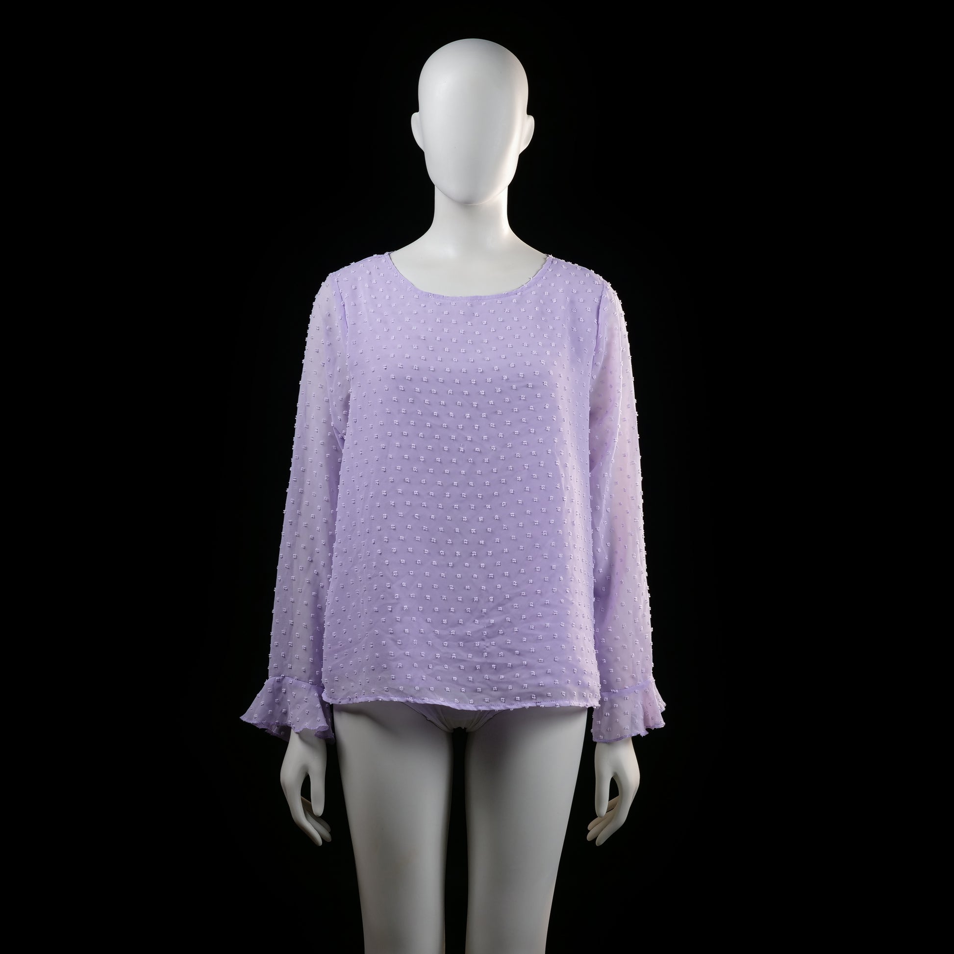 Shein - Blouse - Lavender - Size L - Long-sleeve lavender blouse with a textured dotted pattern throughout. Features flared cuffs and a round neckline.