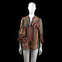 Tramontana - Blouse - Multicolored - Size 42 - Loose-fitting blouse with a multicolored geometric and tribal-inspired patchwork pattern. Features a split neckline with subtle trim detail and 3/4 sleeves with elasticated ruffle cuffs.