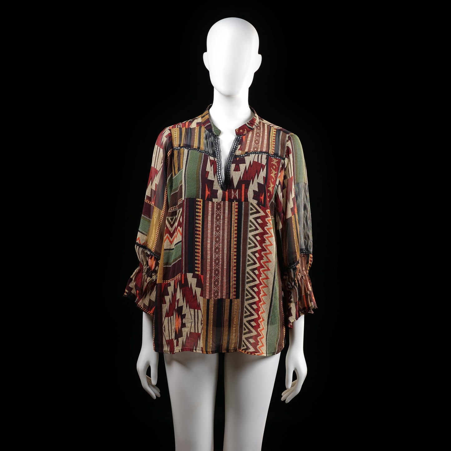 Tramontana - Blouse - Multicolored - Size 42 - Loose-fitting blouse with a multicolored geometric and tribal-inspired patchwork pattern. Features a split neckline with subtle trim detail and 3/4 sleeves with elasticated ruffle cuffs.