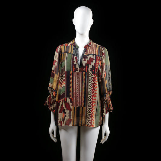 Tramontana - Blouse - Multicolored - Size 42 - Loose-fitting blouse with a multicolored geometric and tribal-inspired patchwork pattern. Features a split neckline with subtle trim detail and 3/4 sleeves with elasticated ruffle cuffs.