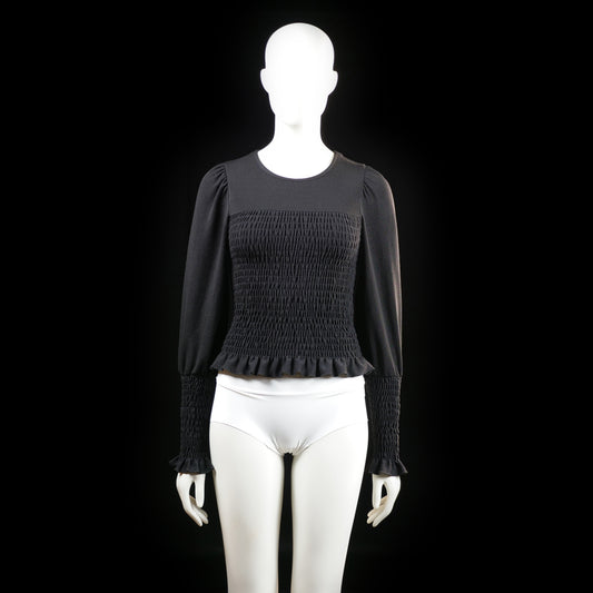 Gina Tricot - Blouse - Black - Size S - Long-sleeve top with a fully shirred bodice and sleeve cuffs, featuring a ruffled hem and sleeve ends. Rounded neckline with lightly puffed shoulders.