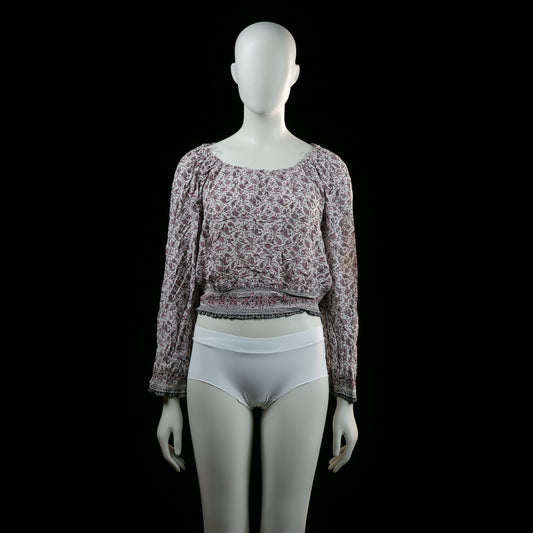 H&M - Blouse - White & Burgundy - Size 34 - Long-sleeve blouse with a paisley pattern and an elastic smocked waistband and cuffs. Features a wide scoop neckline and slightly billowed sleeves.