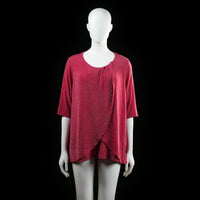 Isolde - Blouse - Red - Size XL - Loose-fitting top with a rounded neckline and overlapping front drape detail. Features elbow-length sleeves and a subtle sparkling textured pattern.
