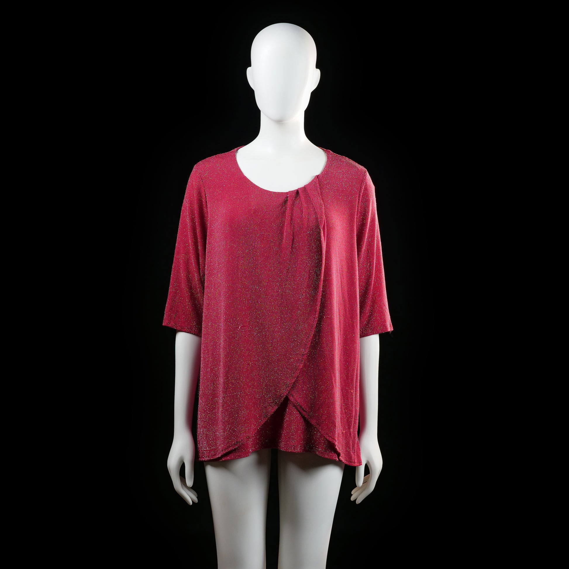 Isolde - Blouse - Red - Size XL - Loose-fitting top with a rounded neckline and overlapping front drape detail. Features elbow-length sleeves and a subtle sparkling textured pattern.