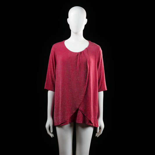Isolde - Blouse - Red - Size XL - Loose-fitting top with a rounded neckline and overlapping front drape detail. Features elbow-length sleeves and a subtle sparkling textured pattern.