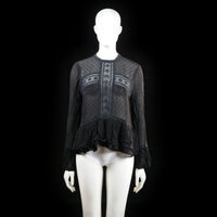 Gina Tricot - Blouse - Black - Size 42 - Semi-sheer long-sleeve blouse with textured dotted fabric, embroidered front panels, and a keyhole back closure. Features a ruffled hem and cuffs.