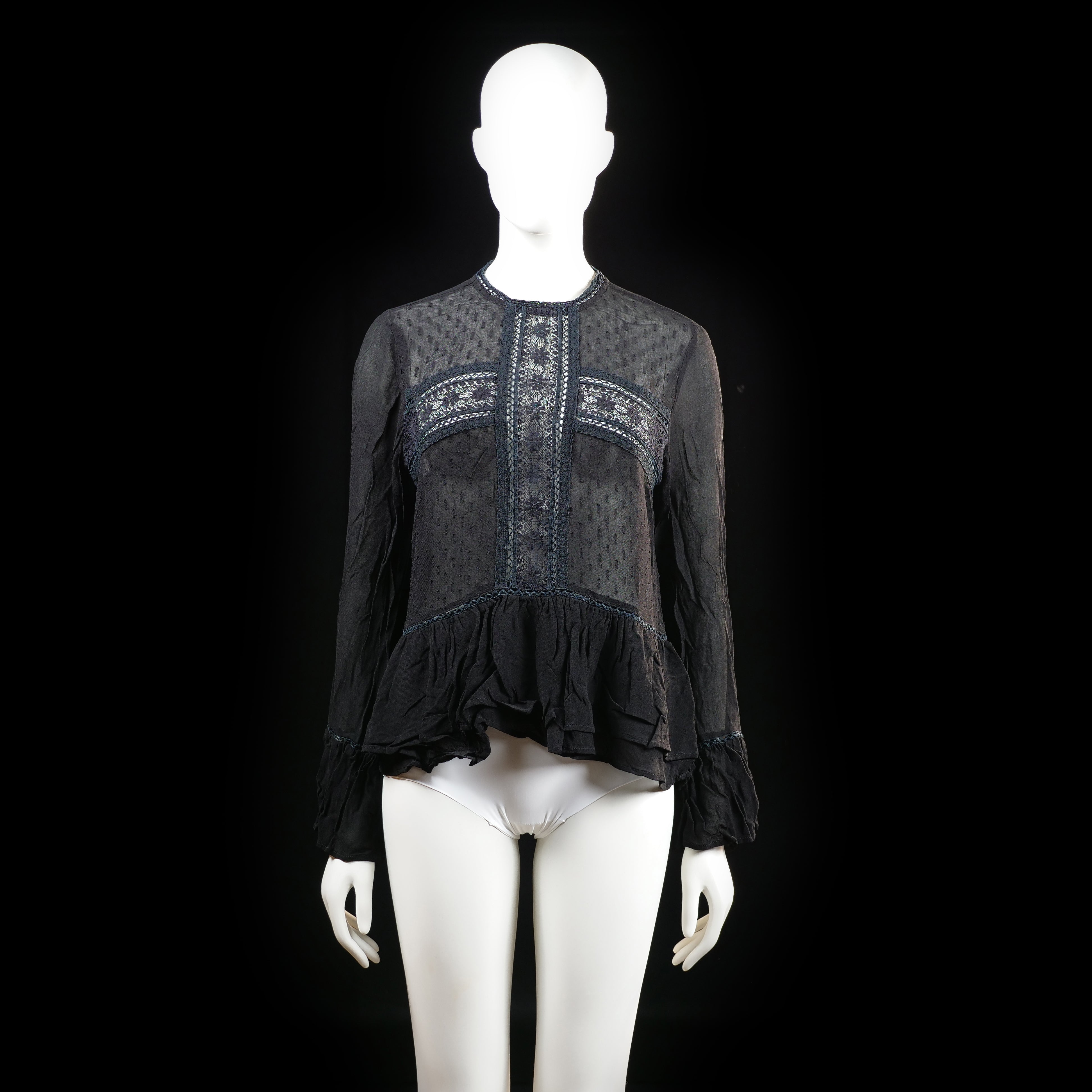 Gina Tricot - Blouse - Black - Size 42 - Semi-sheer long-sleeve blouse with textured dotted fabric, embroidered front panels, and a keyhole back closure. Features a ruffled hem and cuffs.