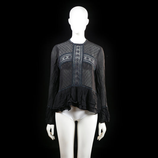 Gina Tricot - Blouse - Black - Size 42 - Semi-sheer long-sleeve blouse with textured dotted fabric, embroidered front panels, and a keyhole back closure. Features a ruffled hem and cuffs.